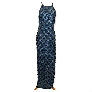 Badgley Mischka Women Floral Sequin Gown Navy Round Neck Halter Dress 2 NWT